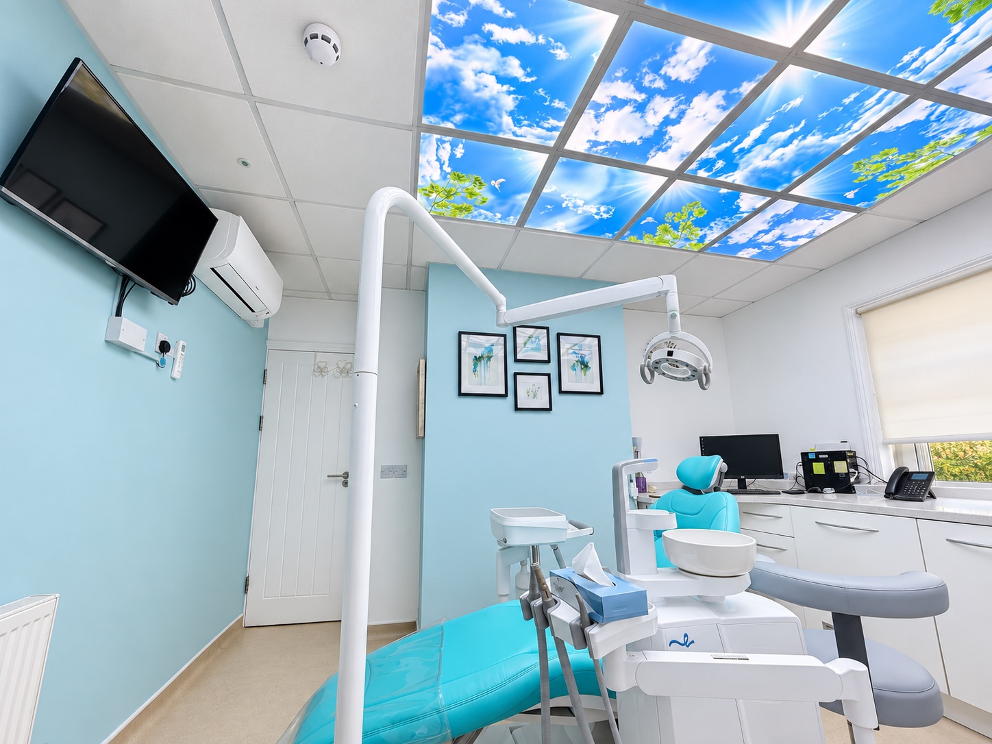 Another view of our turquoise treatment room and illuminated sky ceiling at Toddington Dental Surgery