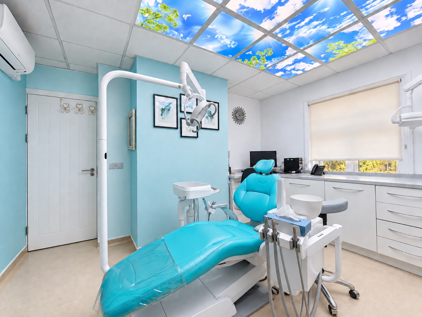 Turquoise dental surgery at Toddington Dental with a bright sky ceiling